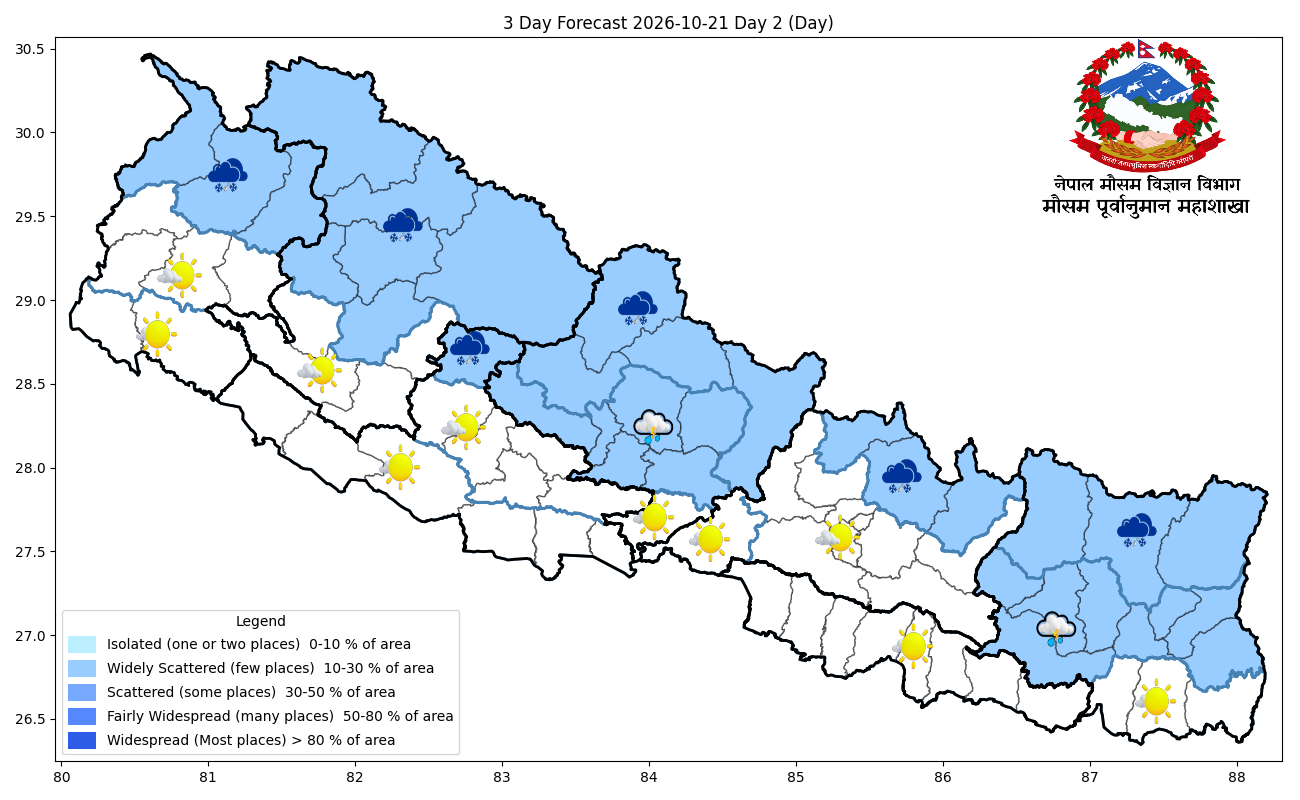 हिमाली र पहाडी भू-भागका एक-दुई स्थानमा मेघगर्जन/चट्याङ्ग सहित हल्का वर्षा र हिमपातको सम्भावना